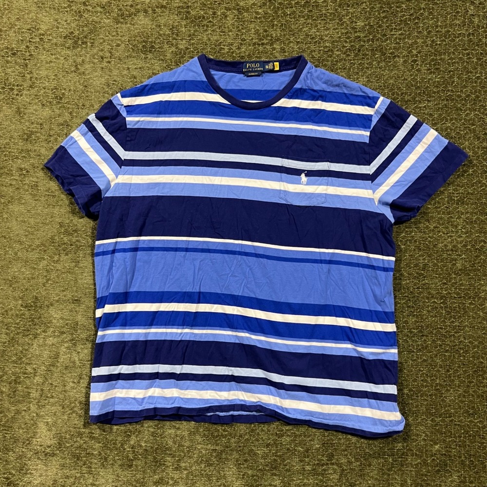 Polo Ralph Lauren T-Shirt Mens XXL Blue Striped Classic Fit Pocket Pony Logo